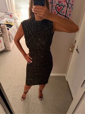 Vintage Alice + Olivia Black Metallic Sparkle Sleeveless Midi Dress